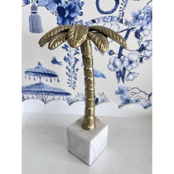 Gold Brass Metal Palm Tree Alabaster Marble Block 11.75"H x 6.25"W Sculpture - Picture 1 of 9